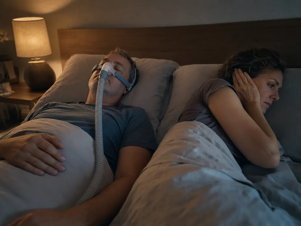 Paar im Bett: Er trägt eine CPAP-Nasenmaske mit Ausatemöffnung zur Decke, sie liegt auf der Seite und hält sich ein Ohr zu