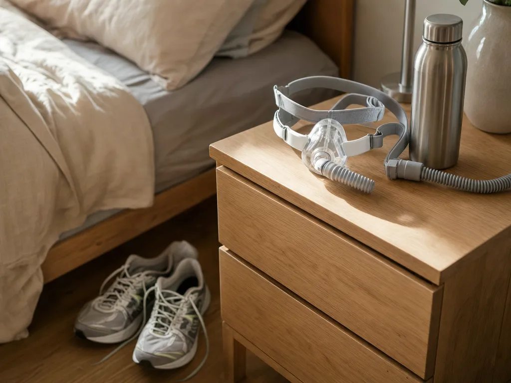 CPAP-Maske auf dem Nachttisch neben Laufschuhen und einer Wasserflasche