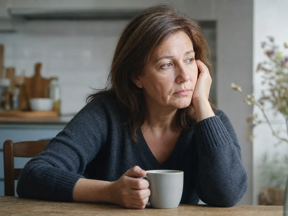 Frau am Küchentisch mit Tee am Morgen