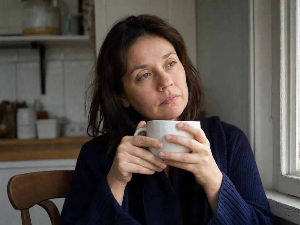 Frau mit Tee am Morgen am Küchenfenster