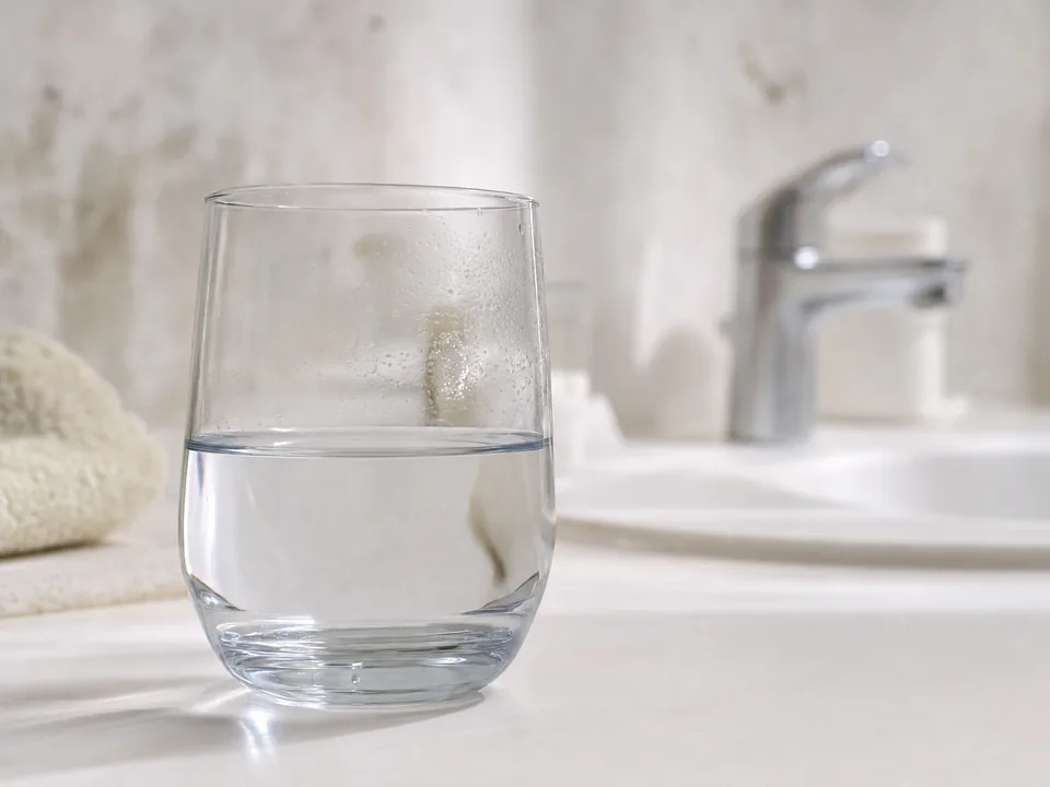 Glas Wasser auf hellem Waschbecken