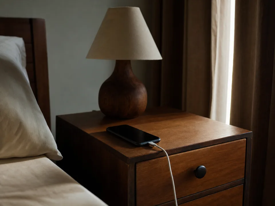 Nachttisch mit Smartphone am Morgen