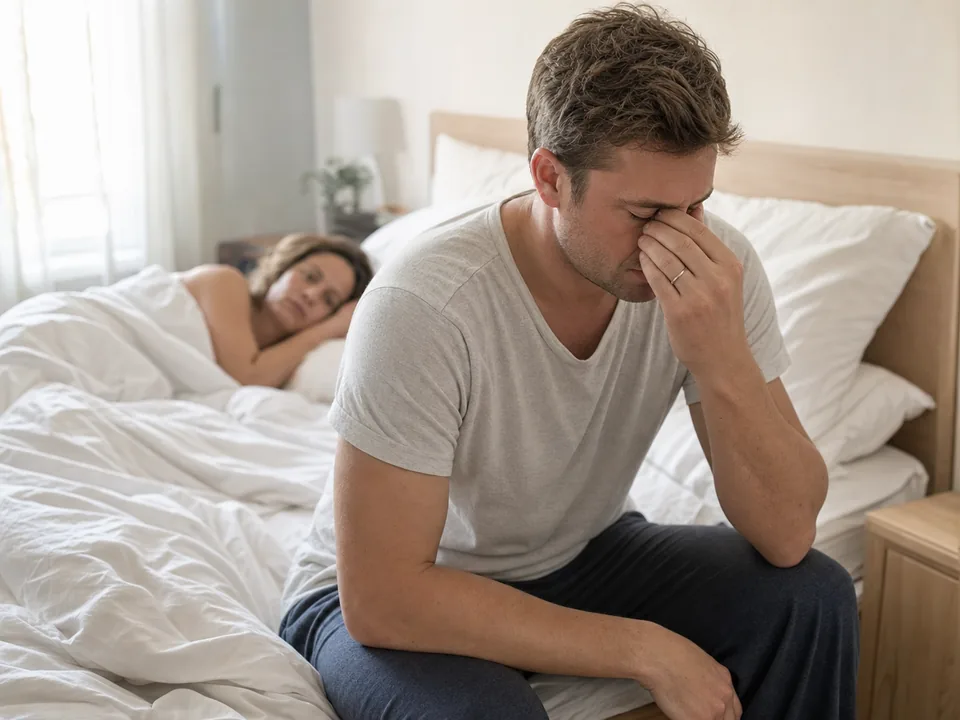 Müdes Paar am Morgen im Schlafzimmer