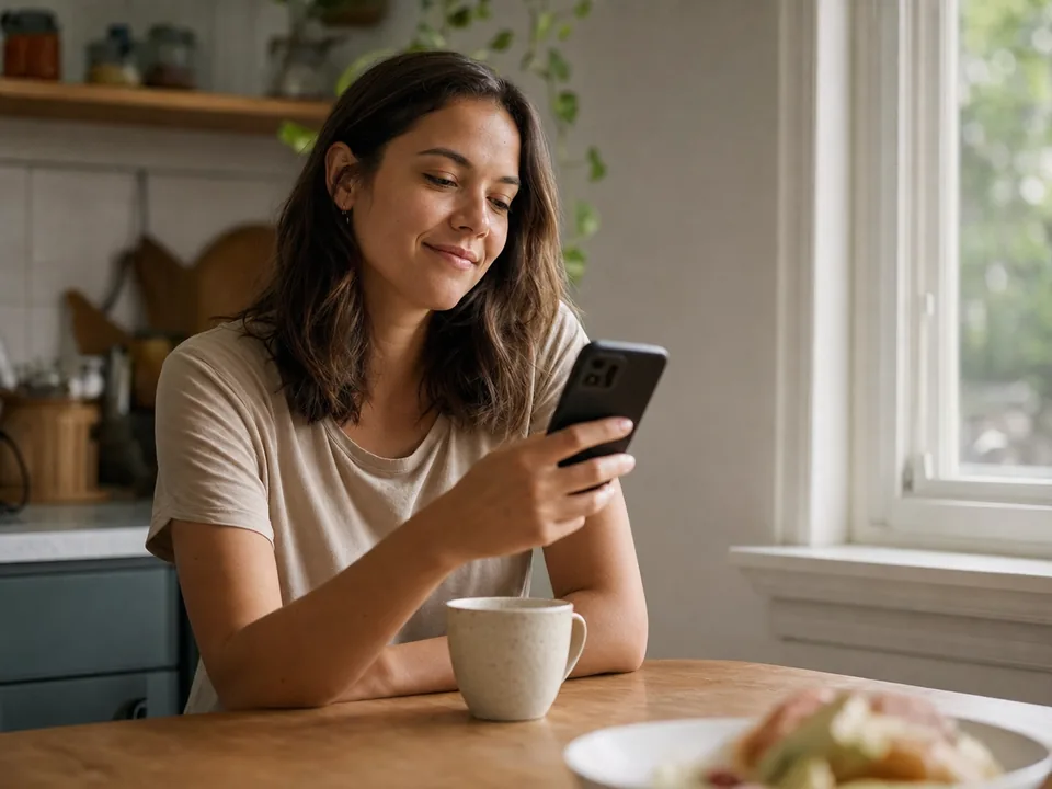 Person entspannt morgens am Küchentisch mit Kaffee und Smartphone