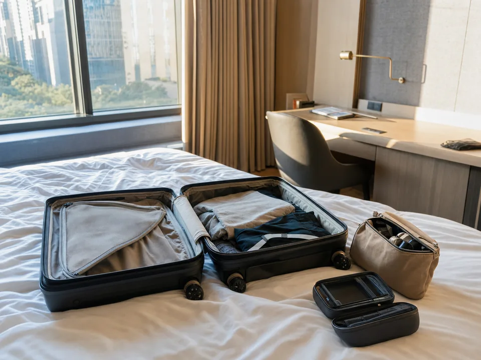 Offener Koffer auf dem Hotelbett mit Etui