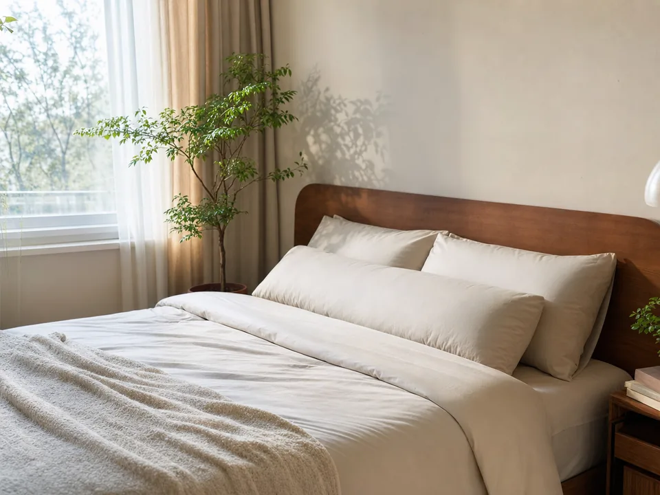 Helles Schlafzimmer mit Seitenschläfer-Kissen