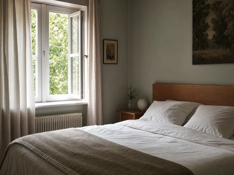 Ruhiges Schlafzimmer am frühen Morgen