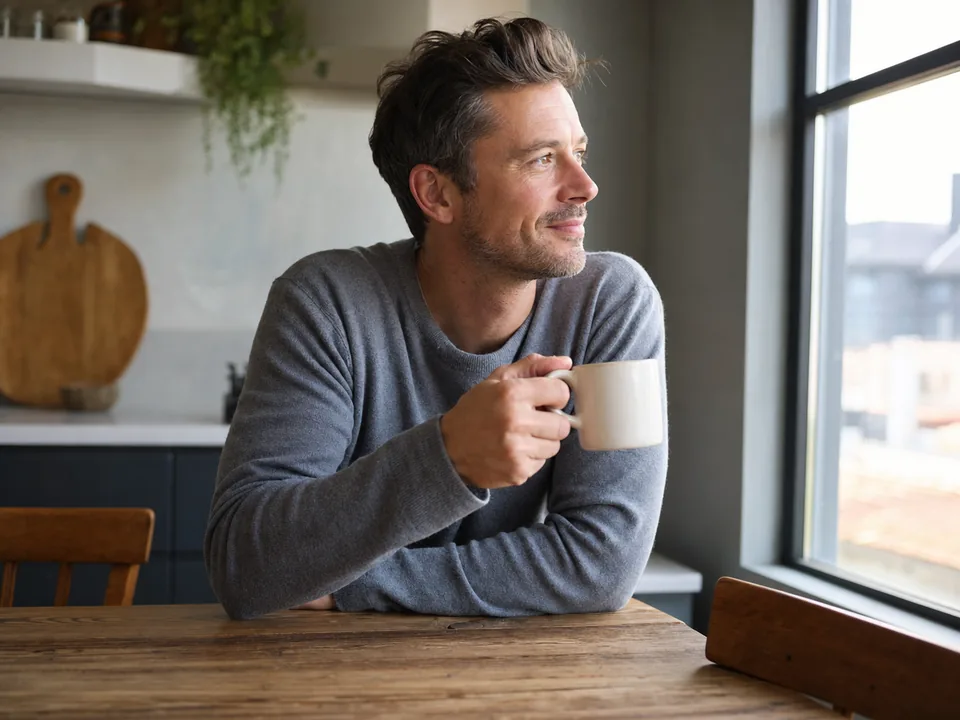 Mann am Küchentisch mit Kaffee am Morgen
