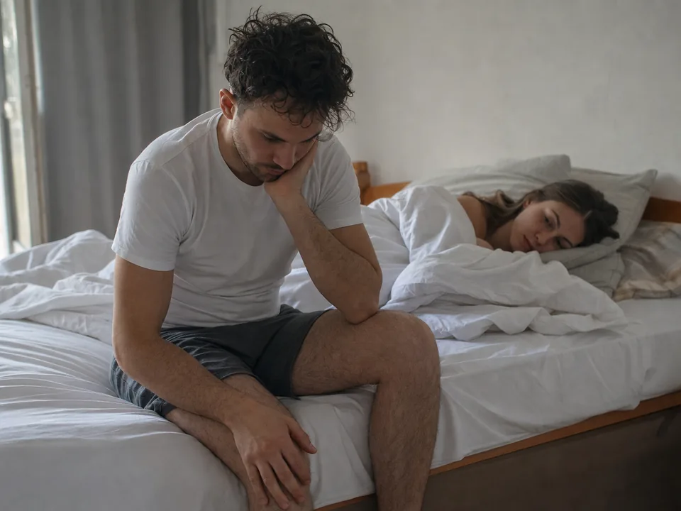 Paar morgens, eine Person müde auf der Bettkante