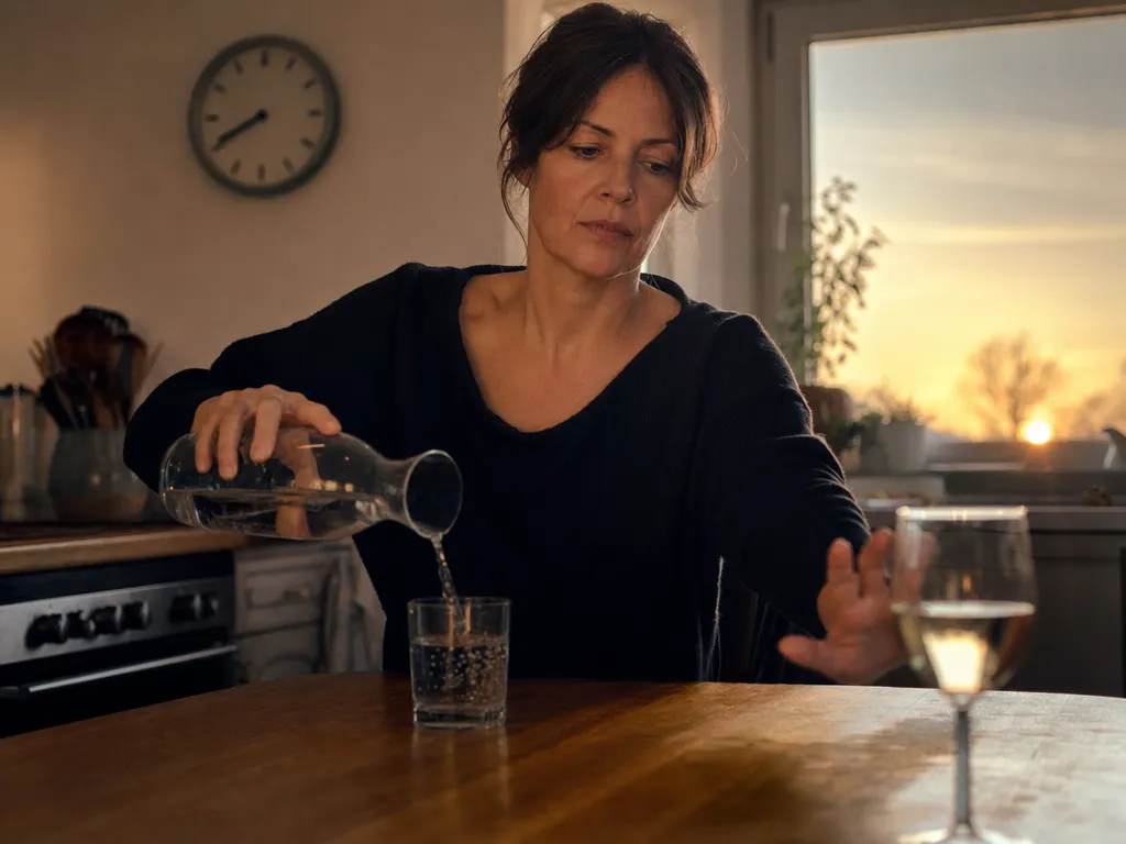 Frau schiebt am frühen Abend ihr Weinglas beiseite und schenkt sich stattdessen Wasser aus einer Karaffe ein, im Hintergrund eine Wanduhr