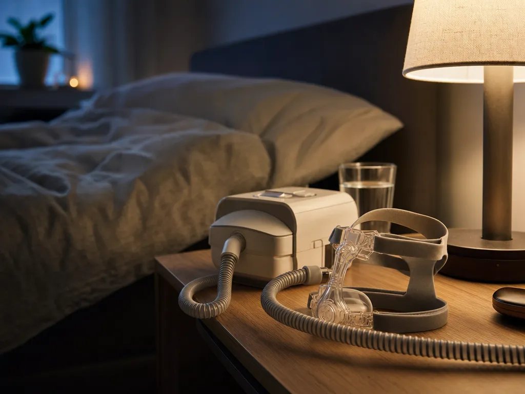 CPAP-Maske mit Schlauch liegt auf einem Nachttisch neben dem Bett, die Überdrucktherapie bleibt erste Wahl vor der Schnarchschiene