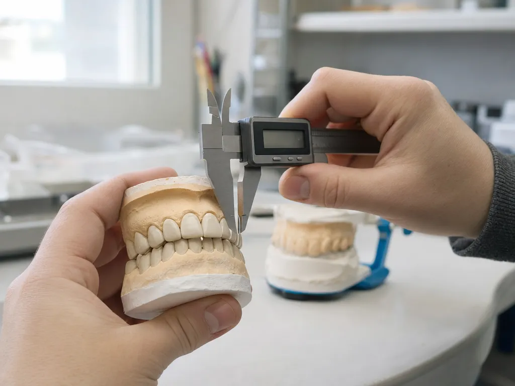 Digitaler Messschieber misst den Abstand der Schneidezähne an einem Gips-Zahnmodell im Millimeterbereich