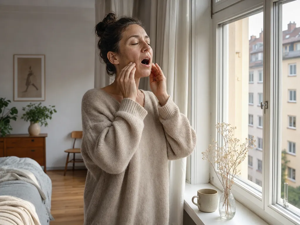 Frau macht morgens am Fenster eine Kieferübung und massiert ihre Kaumuskulatur mit den Fingerspitzen