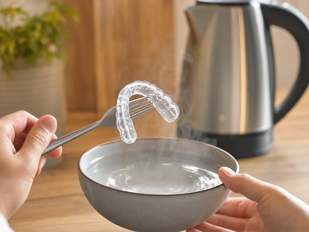 Hände halten eine thermoplastische Boil-and-Bite-Schiene über eine Schale mit heißem Wasser in einer Küche, Dampf steigt auf