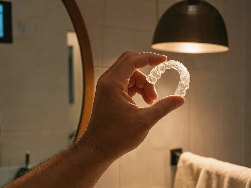 Hand hält eine Schnarchschiene gegen eine Lampe und prüft die Oberfläche auf feine Risse